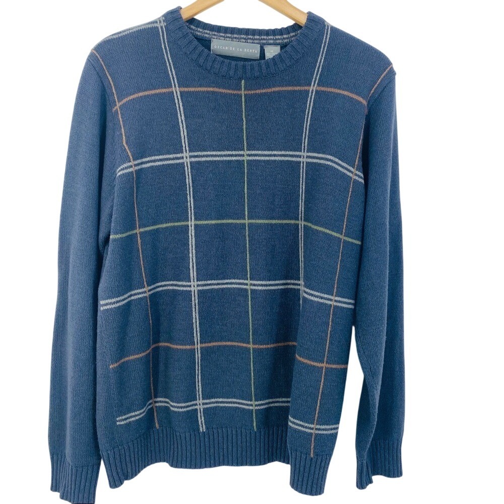 Oscar de la Renta Mens Blue Windowpane Plaid Crew Neck Cotton Blend Sweater M